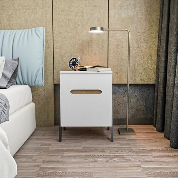 Hanah Home Scandinavian Nightstand, Walnut & White, 45 x 38 x 63.5 cm | 100% Melamine Coated Particle Board, 18 mm Thick | Stylish & Functional for Modern Bedrooms