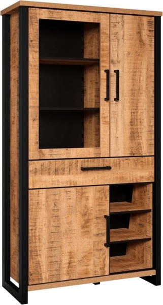 trendteam smart living - Enna - Vitrine - Mango/Schwarz - Stauraumvitrine mit 3 Türen, 1 Schublade, 3 offene Fächer und 7 Einlegeböden - (BxHxT) 106 x 195 x 45 cm - ESG-Klarglastüren