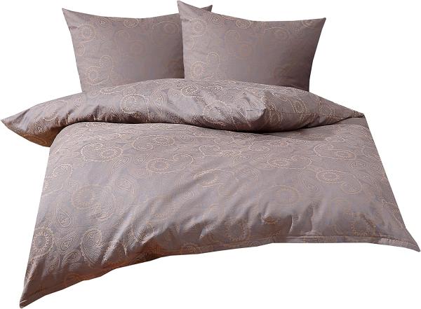 Bettwaesche-mit-Stil Mako-Satin Damast Paisley Bettwäsche "Davos" gold braun - grau Garnitur 200x200 + 2x 80x80