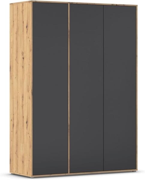 Rauch Möbel Nabila, Drehtürenschrank, Kleiderschrank, Kleiderschränke, Garderobe, 3-türig, Push-to-Open, Farbe Grau metallic/Eiche Artisan, Schwarz, Holz, 140 x 194 x 53 cm