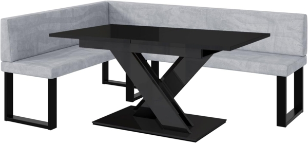 MEBLINI Eckbank für Esszimmer mit ausziehbarem Tisch - Küchenbank - Essecke - Sitzecke Küche - TONI - U-Beine 142x196x87cm Links - Hellgrau Samt/B Schwarz Hochgl.