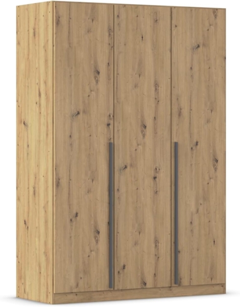 rauch Kleiderschrank Alba, Drehtürenschrank, Garderobenschrank, 3-türig, mit 2 Kleiderstangen und 2 Einlegeböden, Farbe Eiche Artisan, Holz, Griffstange Grau metallic, Schwarz, 136x197x54cm