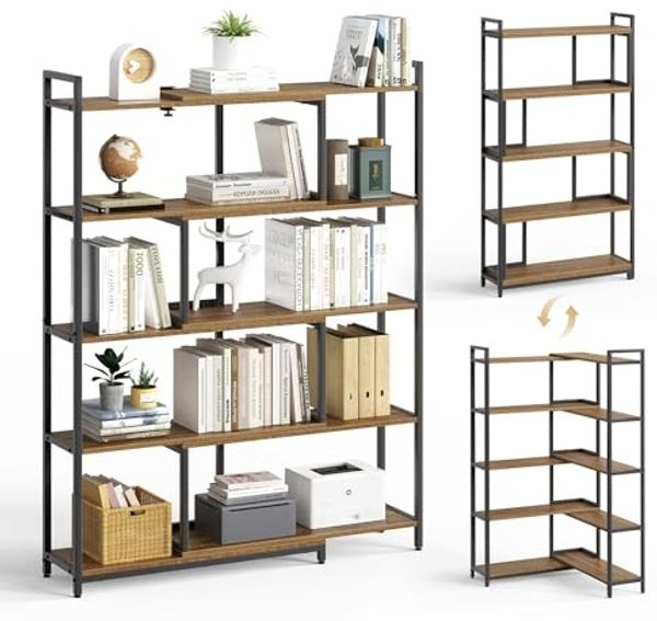 Mondeer Bücherregal Eckregal, Aufbewahrungsregal, 5-stufiges, Breite von 80-146cm verstellbar, Retro-Braun
