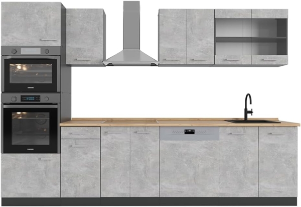 Küchenzeile R-Line Beton/Anthrazit 300 cm mit Hochschrank, ohne Arbeitsplatte Vicco