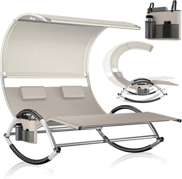 KESSER® Doppel-Sonnenliege Doppelliege | mit Sonnendach , Kopfkissen Tasche | für 2 Personen | Relaxliege | Gartenliege | Schaukelliege ergonomisch geformte Liegefläche | 240 kg Belastung | Creme