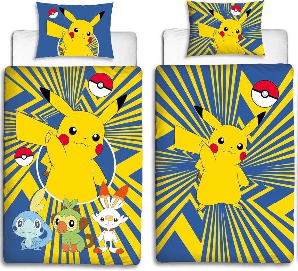 BERONAGE Kinderbettwäsche Pokémon Pikatchu Go Bettwäsche Linon / Renforcé, 100% Baumwolle, 2 teilig, 135x200 + 80x80 cm