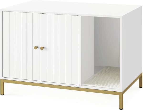Feandrea Katzenklo-Schrank, Katzenhaus, Katzentoilette, mit Kratzmatte, hohe Beine, für Katzen, Beistelltisch, 80 x 50 x 55 cm, weiß-goldfarben PCL007W01
