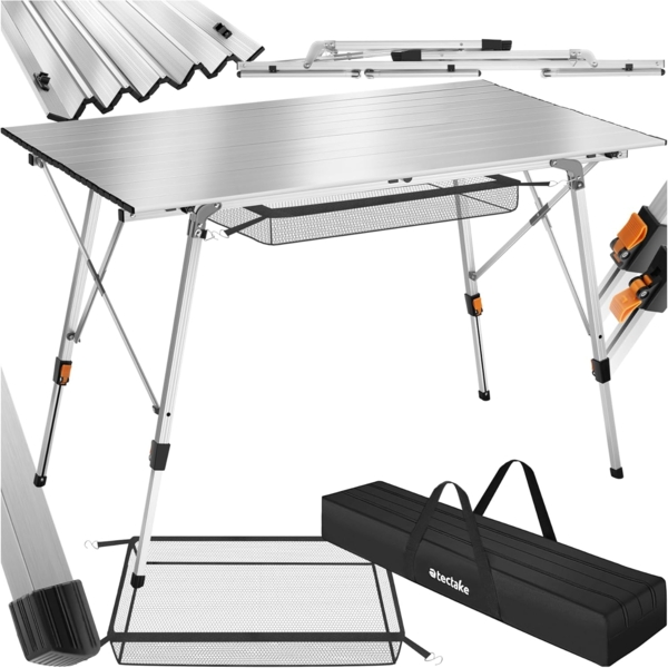 tectake® Campingtisch, Klapptisch aus Aluminium, aufrollbare XXL Tischplatte, Campingtisch faltbar, Reisetisch, Gartentisch, wetterfest, höhenverstellbare Beine, Tragetasche, 120x70,5 cm - Silber