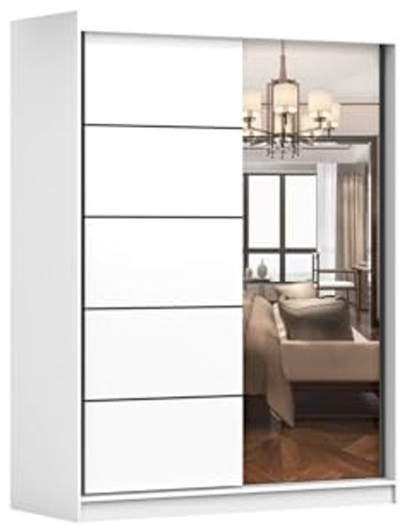 MOEBLO Kleiderschrank LARA 09 (mit Spiegel Schwebetürenschrank 2-türig Schrank mit vielen Einlegeböden und Kleiderstange, Gaderobe Schiebtüren Schlafzimmer-Wohnzimmerschrank Modern Design) (BxHxT): 150x200x61 cm