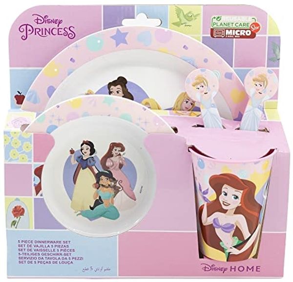 Kunststoff Kindergeschirr Set Motiv (5 tlg.) Schüssel, Teller, Becher & Besteck Disney Prinzessinnen