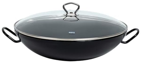 Riess Wok mit Glasdeckel Ø36cm Servierpfanne mit zwei Griffen Emaille schwarz