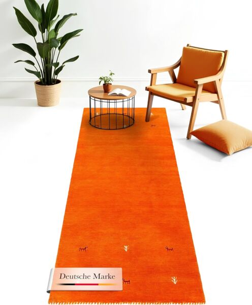 carpetfine 'Gabbeh Uni' Wollteppich, reine Wolle, Orange, 80x450 cm