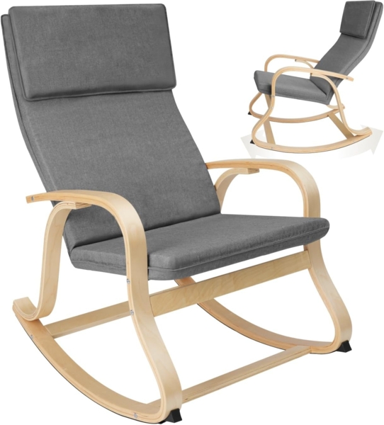 TecTake Schaukelstuhl mit Armlehnen, Gestell aus Birkenholz, 65 x 94 x 100 cm, bis 150 kg, Kufen mit Stoppern + Filzgleitern, bequemes Sitz- & Rückenpolster inkl. Kopfkissen (Hellgrau | Nr. 404525)