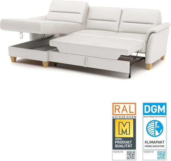 CAVADORE Leder-Eckcouch Palera mit Longchair / Landhaus-Sofa mit Federkern, Bettfunktion + Bettkasten / 244 x 89 x 163 / Leder Weiß Bild 4