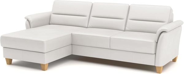 CAVADORE Leder-Eckcouch Palera mit Longchair / Landhaus-Sofa mit Federkern, Bettfunktion + Bettkasten / 244 x 89 x 163 / Leder Weiß