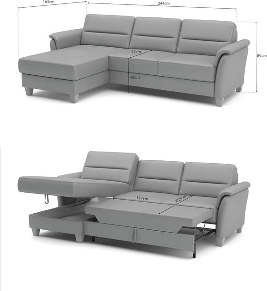 CAVADORE Leder-Eckcouch Palera mit Longchair / Landhaus-Sofa mit Federkern, Bettfunktion + Bettkasten / 244 x 89 x 163 / Leder Weiß Bild 3