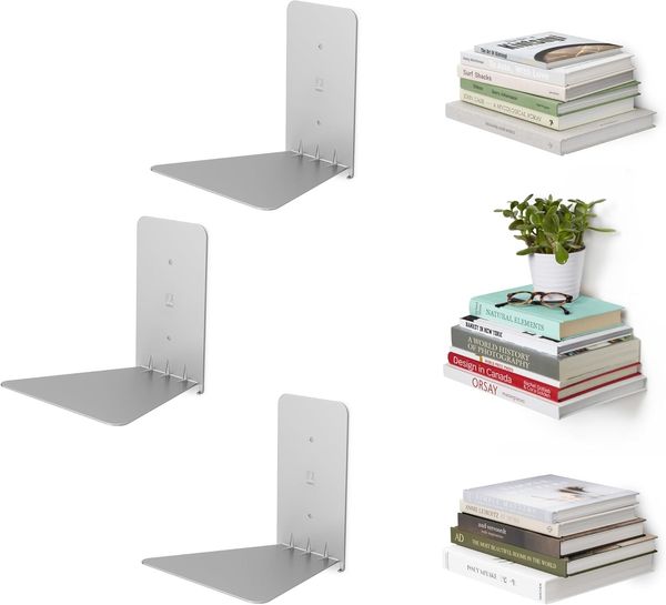 Umbra Conceal Wandregal Klein, 3er Set, Wand Regal, Schwebendes Bücherregal, Metall, Silber, 13. 5 cm, 330639-560