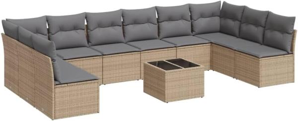 vidaXL 11-tlg. Garten-Sofagarnitur mit Kissen Beige Poly Rattan 3249938