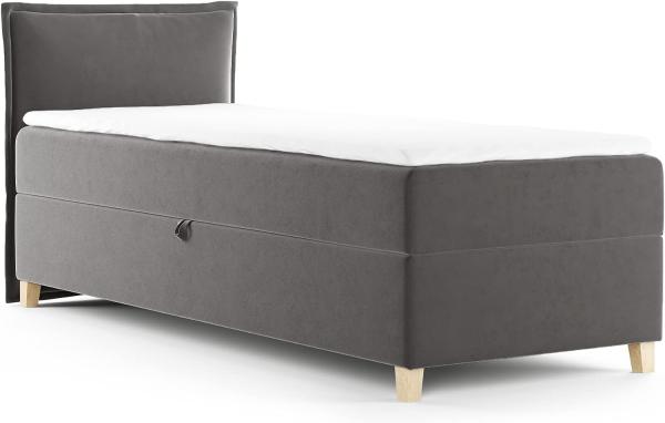 Boxspringbett Fren Mini mit Bettkasten - Einzelbett mit Bonell-Matratze und Topper, Polsterbett mit Holzfüße, Bett, Kinderzimmer (Dunkelgrau (Kronos 22), 80x200 cm)