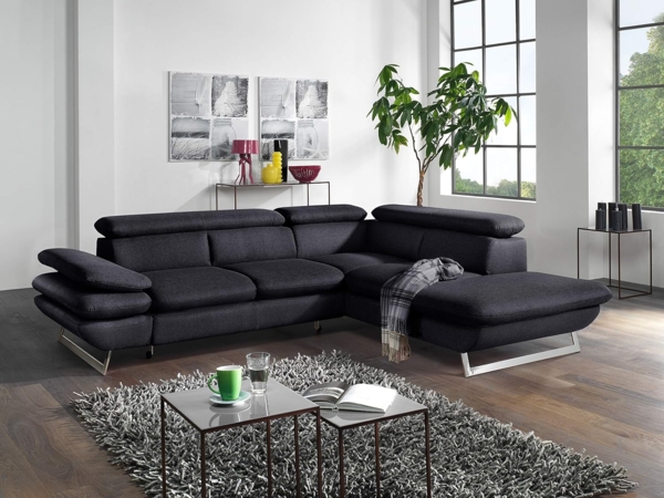 Mivano Ecksofa Prestige, Modernes Bettsofa in L-Form mit Ottomane und Schlaffunktion, Kopfteile und Armteil verstellbar, 265 x 74 x 223, Strukturstoff, schwarz Bild 2