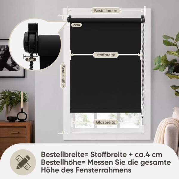 Sekey Verdunklungsrollo ohne Bohren Klemmfix 80 cm breit, Seitenzugrollo Hitzeschutz Sichtschutz und Sonnenschutz Wandmontage Deckenmontage Klemmrollo für Fenster & Tür, 80x160 cm, Schwarz Bild 5