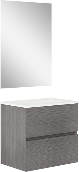 Baikal, Badezimmer-Set Natura, Badezimmermöbel mit reduziertem Boden, mit Keramikwaschbecken, Aufteilung mit Zwei Schubladen, montiert, Zwei Schubladen mit Spiegel, Tiefe 39 cm, 50 cm, Asche