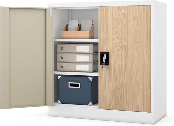 Kleiner Aktenschrank C001B Büroschrank mit Flügeltüren Metallschrank Lagerschrank Pulverbeschichtet Stahlblech Abschließbar 92,5 x 90 x 40 cm (H x B x T) (Holzoptik-Weiß)