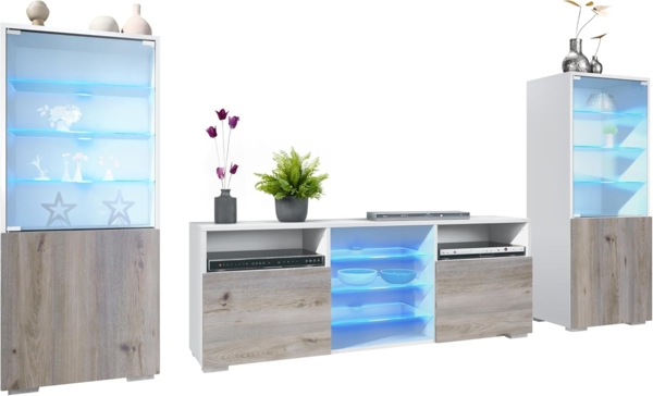 Vladon Wohnwand Granada, (Anbauwand, bestehend aus 2 Vitrinen, 1 TV-Board und LED-Beleuchtung), Weiß matt/Eiche Nordic (286 x 122,5 x 35 cm)