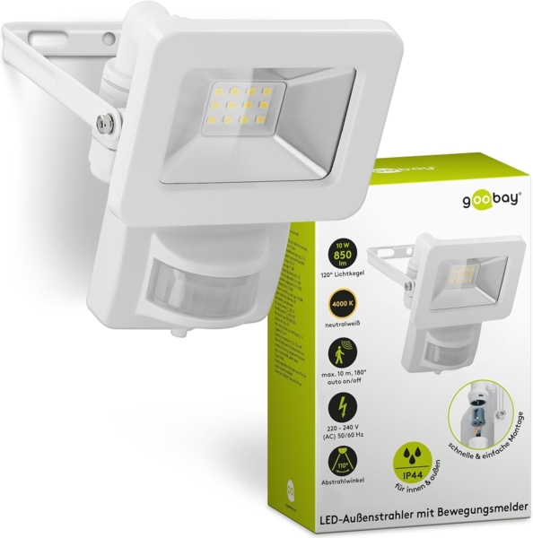 goobay 53878 LED Strahler Bewegungsmelder Außen 10W / PIR Sensor Außenstrahler IP44 / Neutralweißes Licht 850 lm/LED Scheinwerfer Fluter Wandmontage/Gartenstrahler/Weiß