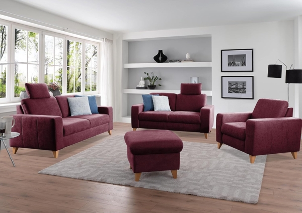 CAVADORE 2er Sofa Lotta / Skandinavische 2-Sitzer-Couch mit Federkern, Kopfstütze und Holzfüßen / 173 x 88 x 88 / Webstoff, Rot Bild 2