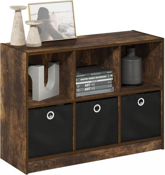 Furinno Basic 3x2 Bücherregal mit Stauraum und Fächern, Bernsteinkiefer/Schwarz