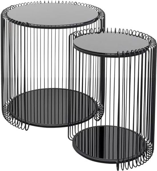 KARE Design Beistelltisch Wire Double Schwarz 2er Set Modern Stahl Glas Geschenkidee Sofa Runder Nachttisch Raumdekor Wohnkultur Wohnzimmer Büro 46 x 45 x 45 cm 43 x 33 x 33 cm (H/B/T)