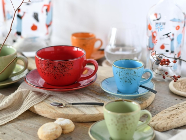 CreaTable Espressotasse Nature Collection Mediterran, Espresso-Set, 8-tlg, 8-tlg, Steinzeug, Handwerklicher Look, Vintage Bild 4