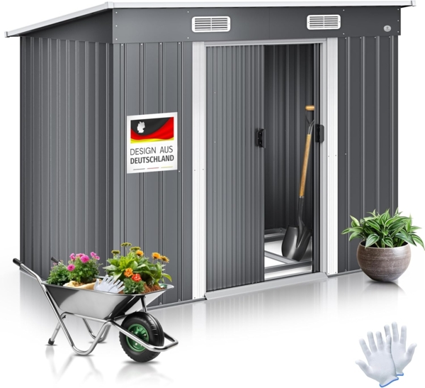 KESSER® - Gerätehaus L Metall 4 m³ mit Fundament | 210x122x186 cm | 2x Schiebetür & Fundament | Geräteschuppen | Gartenhaus Schrank | Pultdach Garten Schuppen | Inkl. Arbeitshandschuhe Grau