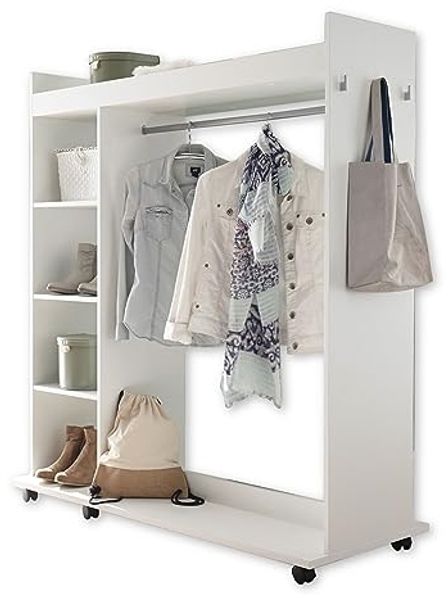 VINNIE Offener Kleiderschrank mit Spiegel auf Rollen, Weiß - Fahrbarer Kleiderständer mit cleverer Inneneinteilung - 138 x 150 x 56 cm (B/H/T)