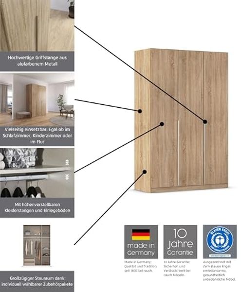 Rauch Möbel Alabama, Kleiderschrank für Schlafzimmer, Kinderzimmer, Wohnzimmer, Garderobe, Flur, 8-türig, Spiegel, mit Zubehör Basic, Farbe Beige/Eiche Artisan. Holz, Breite 360 cm Bild 4