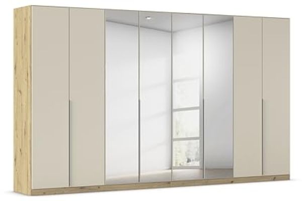 Rauch Möbel Alabama, Kleiderschrank für Schlafzimmer, Kinderzimmer, Wohnzimmer, Garderobe, Flur, 8-türig, Spiegel, mit Zubehör Basic, Farbe Beige/Eiche Artisan. Holz, Breite 360 cm