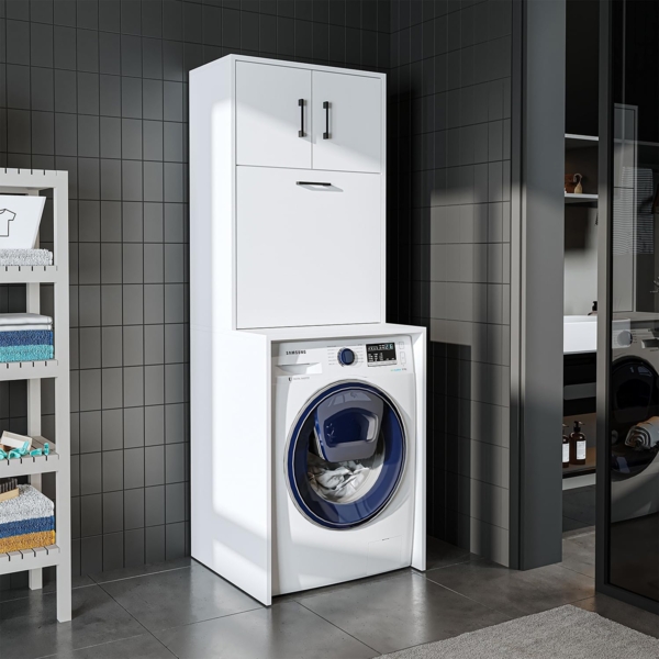 Roomart Waschmaschinenschrank LUNA 65×181×65 cm – Überbauschrank mit Wäschekorb • Weiß