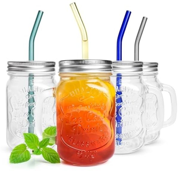 4 Trinkgläser mit Deckel und Glasstrohhalme Kaffeegläser Cocktailgläser
