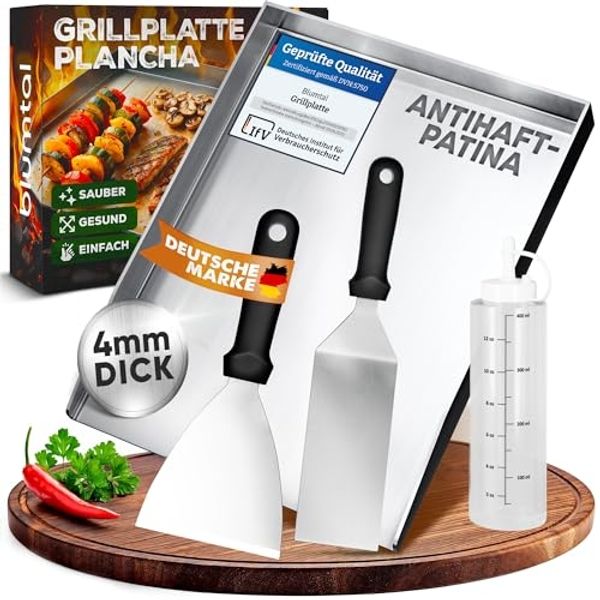 Blumtal Grillplatte Set Plancha Grillplatte Edelstahl inkl. 2 Grillspachteln & Ölflasche (Spar-Set, 4-St), Plancha Grill Set 30x40 cm – Edelstahl, rostfrei & robust für Gasgrill