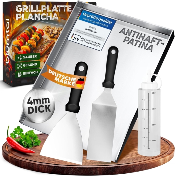Blumtal Grillplatte Set Plancha Grillplatte Edelstahl inkl. 2 Grillspachteln & Ölflasche (Spar-Set, 4-St), Plancha Grill Set 30x40 cm – Edelstahl, rostfrei & robust für Gasgrill