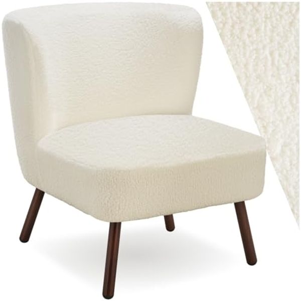 tectake Relaxsessel gepolsterter Teddy-Cocktailsessel, Belastbarkeit 150 kg, 61 x 68 x (Fernsehsessel Robina 2, in Bouclé off-white), mit Bouclé-Bezug, runde Stahlbeine in Holzoptik, bodenschonend