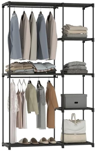HOMCOM Stoffschrank mit Kleiderstange, Ablagen (Kleiderschrank, 1-St, Stoffkleiderschrank) für Schlafzimmer, Ankleidezimmer, 111 x 43 x 185 cm, Schwarz