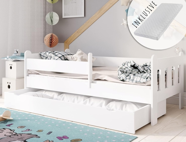 Kids Collective Kinderbett 80x160, 80x180, 90x200 cm mit Schublade, Rausfallschutz & Lattenrost, mit Matratze in weiß 90x200 cm Mädchen Jungen Bett