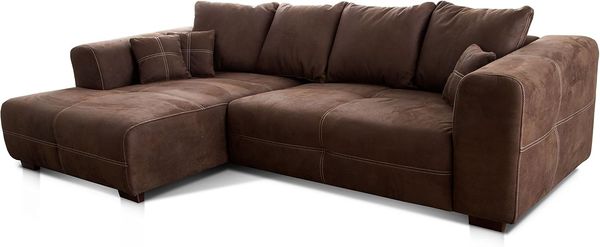 Cavadore Ecksofa Mavericco / XXL Couchecke inkl. Kissen / Longchair links / Industrial Style / 285 x 69 x 170 (BxHxT) / Mikrofaser Dunkelbraun