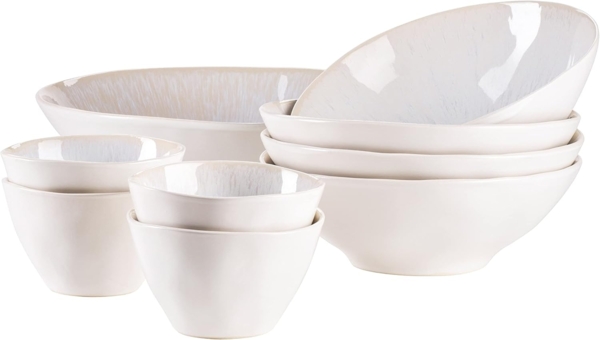 MÄSER 934014 Serie Frozen, 9-teiliges Bowl Set aus schöner Keramik, 1 Salatschüssel, 4 Ramen Schalen und 4 Dip Schälchen, organische Formen im Vintage Look, händisch lasiert, Steinzeug, Weiss