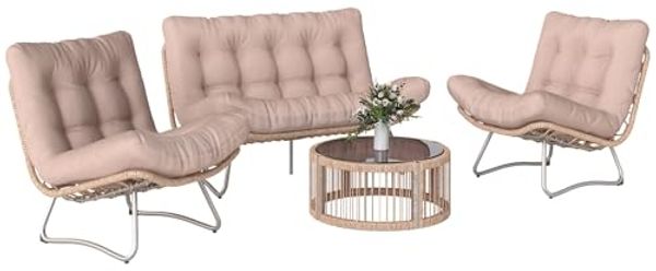 Outsunny Sitzgruppe mit Zweisitzer, 2 Sessel, Glastisch, Breitem & Tiefem Sitz, Kissen, (Lounge-Set, 4-tlg, Gartenmöbel Set), für Garten Balkon Braun