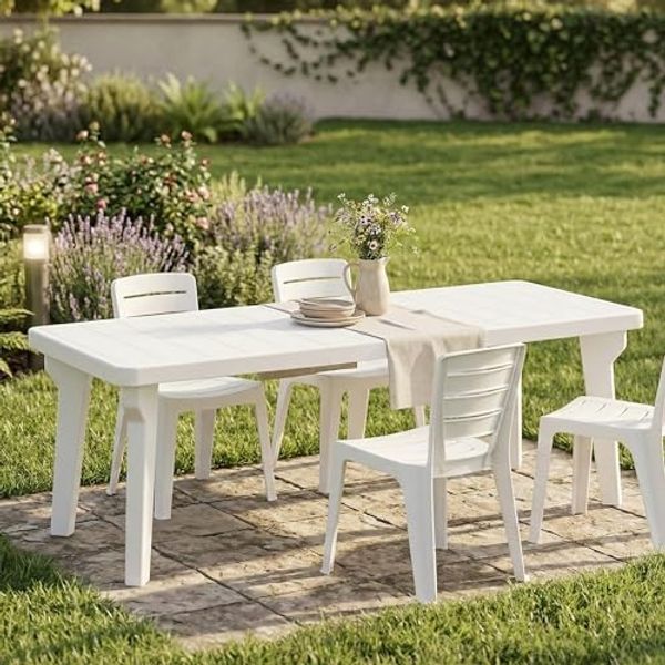 Dmora - Tisch im Freien Mercurio, Rechteckiger Regal, Ausziehbarer Garten- oder Stehtisch, 100% Made in Italy, 160-220x90h74 cm, Weiß