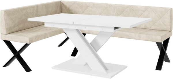 MEBLINI Eckbank für Esszimmer mit ausziehbarem Tisch - Küchenbank - Essecke - Sitzecke Küche - ERIC - X-Beine 142 x 196 x 87 cm Links - Creme Samt/B Weiß Matt