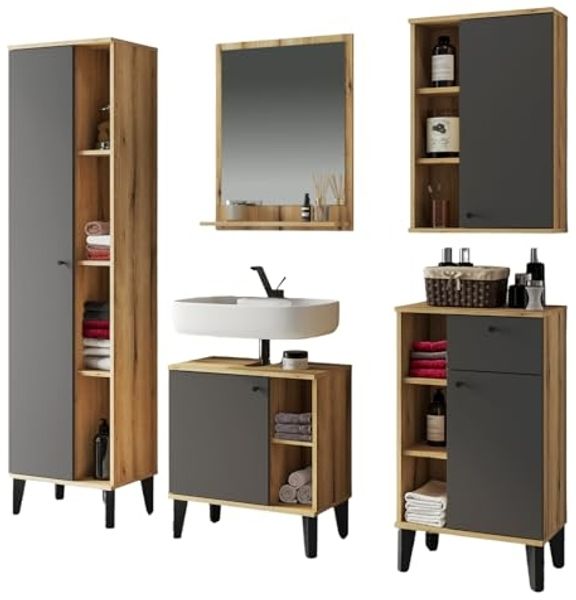 Badmöbel Set 5-teilig Torsby in grau und Eiche 180 cm